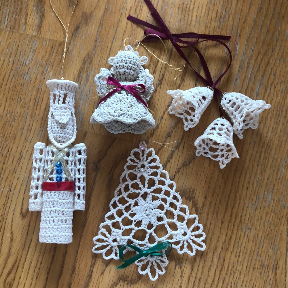 Set of 4 crocheted Christmas ornaments- Angel, tree, bells,drummer